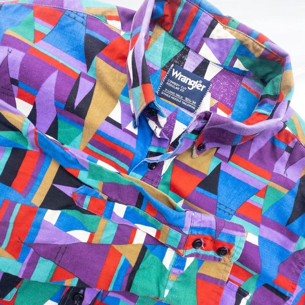 Vintage Wrangler Brushpopper Abstract Multicolor Western Shirt Men Large